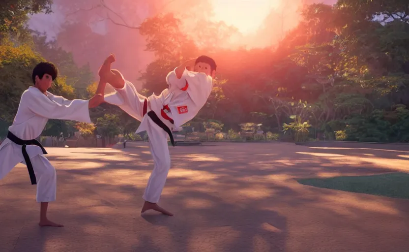 Prompt: a film still of Karate KID 1983, medium shot, waist up, studio Ghibli, Pixar and Disney animation, sharp, Rendered in Unreal Engine 5, anime key art by Greg Rutkowski, Bloom, dramatic lighting