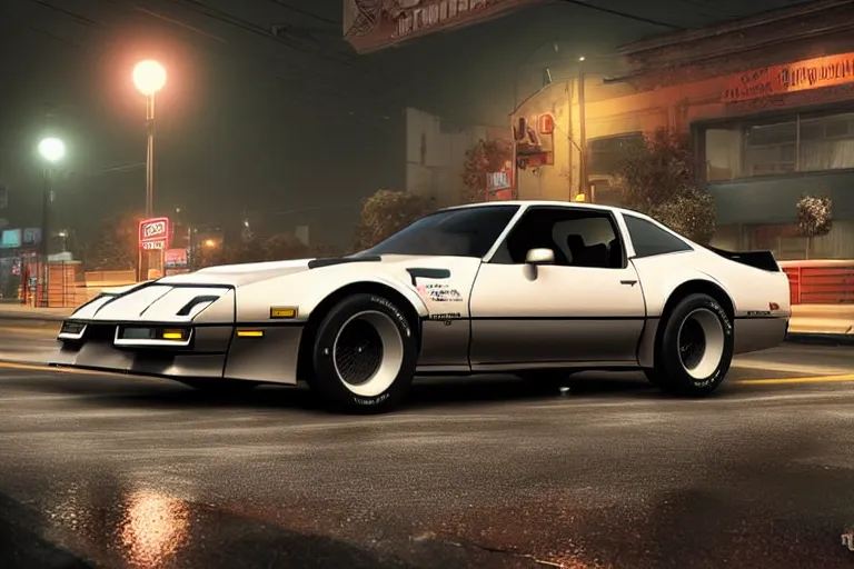 Image similar to hyperdetailed, photorealistic photograph of a 1 9 8 2 pontiac firebird trans - am drifting in the streets, rain, night, dense fog, hd, unreal engine 5 by greg rutowski, by stanley artgerm, by alphonse mucha