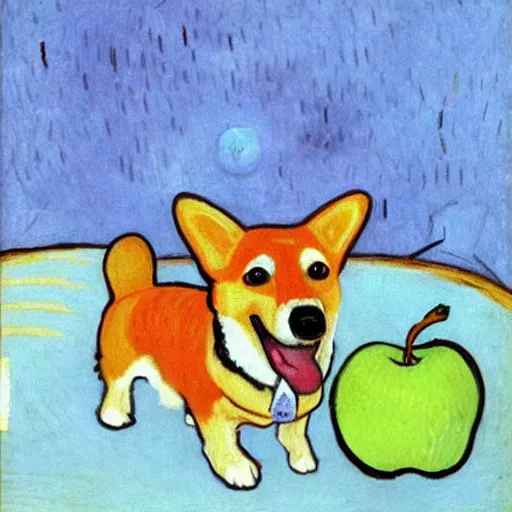 Image similar to corgi with an apple on its head, 4 k, by van gogh, realistic, high detail, concept art