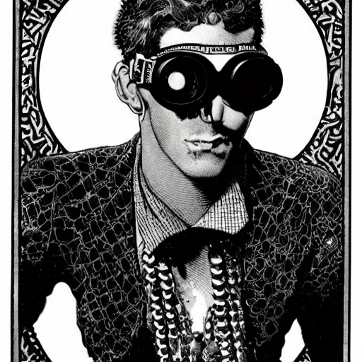 Image similar to a eccentric cybergoth guy wearing goggles and eclectic jewelry, small details, aesthetic!!!, by virgil finlay, by moebius,