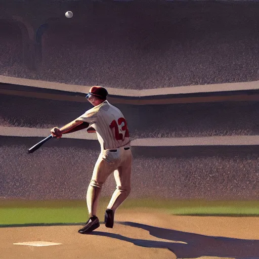 Image similar to baseball player hitting the ball with the baseball bat in the middle of the game and in front of everyone in the stadium, james gurney painting style, greg rutkowski, artstation