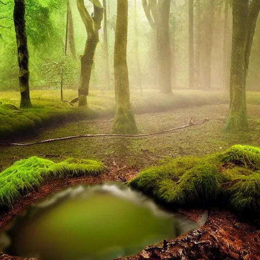 Prompt: round pools of water in a forest, as far as the eye can see, the wood between the worlds, narnia, lush green forest, moss and fern,