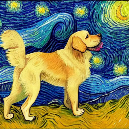 Prompt: painted golden retriever playing in vincent van gogh's starry night