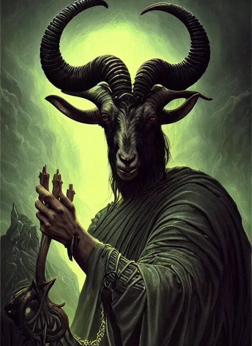 Image similar to elden ring themed orthodox baphomet goat icon tarot card portrait, piercing gaze, byzantine aesthetic, doom, religious, sinister, ornate, intricate, beautifully backlit, subtle tones, digital painting, concept art, smooth, sharp focus, illustration, art by josan gonzalez, greg rutkowski, killian eng and zdizslaw beksinski