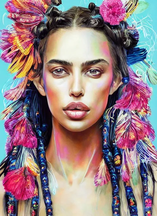 Prompt: beautiful portrait of Irina Shayk wearing dramatic Hand-dyed cotton dress,embellished beaded feather decorative fringe knots ,colorful pigtail,subtropical flowers and plants,symmetrical face,intricate,elegant,highly detailed,8k,digital painting,trending on pinterest,harper's bazaar,concept art, sharp focus, illustration,golden ratio,by artgerm,Tom Bagshaw,Lawrence Alma-Tadema,greg rutkowski