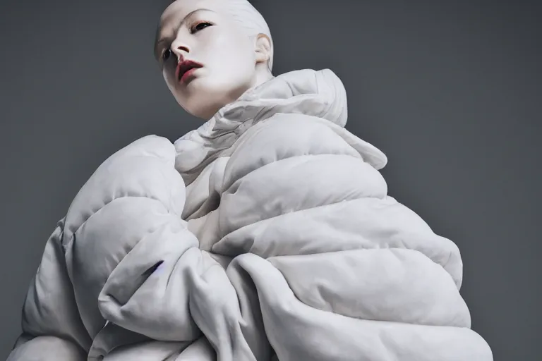 Image similar to well lit fashion shoot portrait of extremely beautiful female marble statue wearing huge over size puffer jacket by dingyun zhang, yeezy, balenciaga, vetements, a cold wall, sharp focus, clear, detailed,, cinematic, detailed, off white, glamourous, symmetrical, vogue, editorial, fashion, magazine shoot, glossy