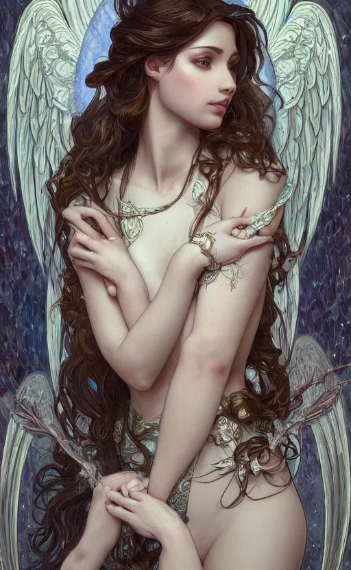 Image similar to a photograpic portrait of a pretty woman, angel, fantasy, intricate, elegant, highly detailed, digital painting, artstation, centered, concept art, smooth, sharp focus, arc, illustration, art by artgerm and h r giger and alphonse mucha