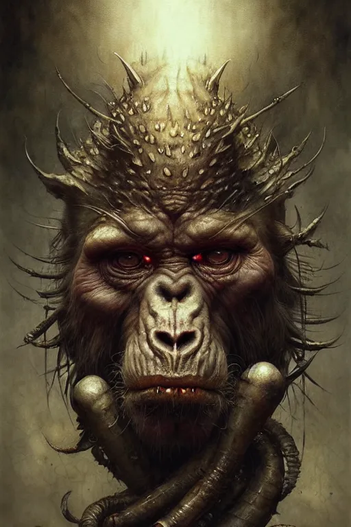 Image similar to ape demon | esoteric symbolism | jean - baptiste monge, esao andrews, bastien lecouffe - deharme, tim jacobus, ken currie | ultra - detailed realism, soft cinematic lighting, hi - fructose, artstation, high - quality, ink watercolors wes anderson poster art