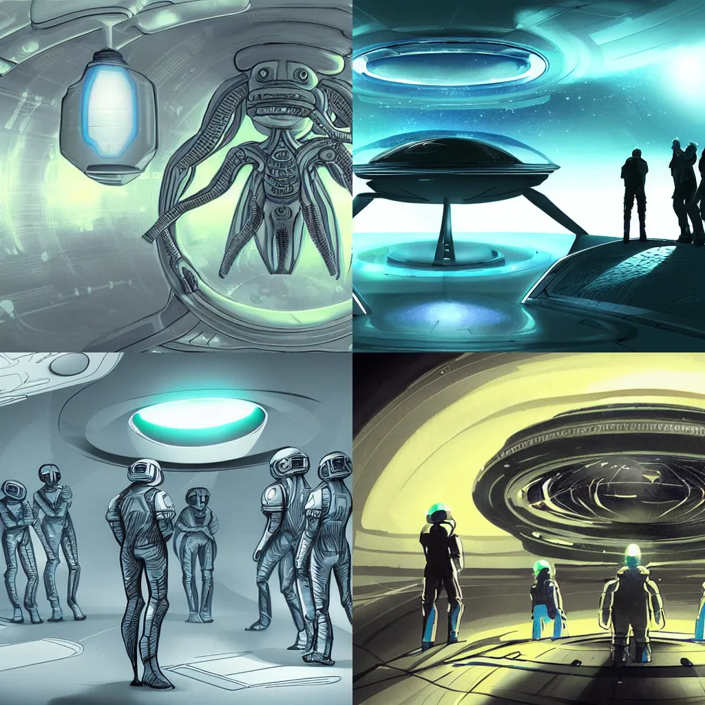 Prompt: aliens inspecting a human in a spaceship concept art