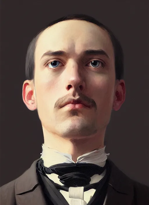 Image similar to 3 / 4 view of a portrait of man in victorian clothing, confident pose, intricate, elegant, sharp focus, illustration, highly detailed, concept art, matte, trending on artstation, anime, art by james jean and artgerm and brian despain and alberto mielgo, greg rutkowski, wlop, ilya kuvshinov, strong strokes