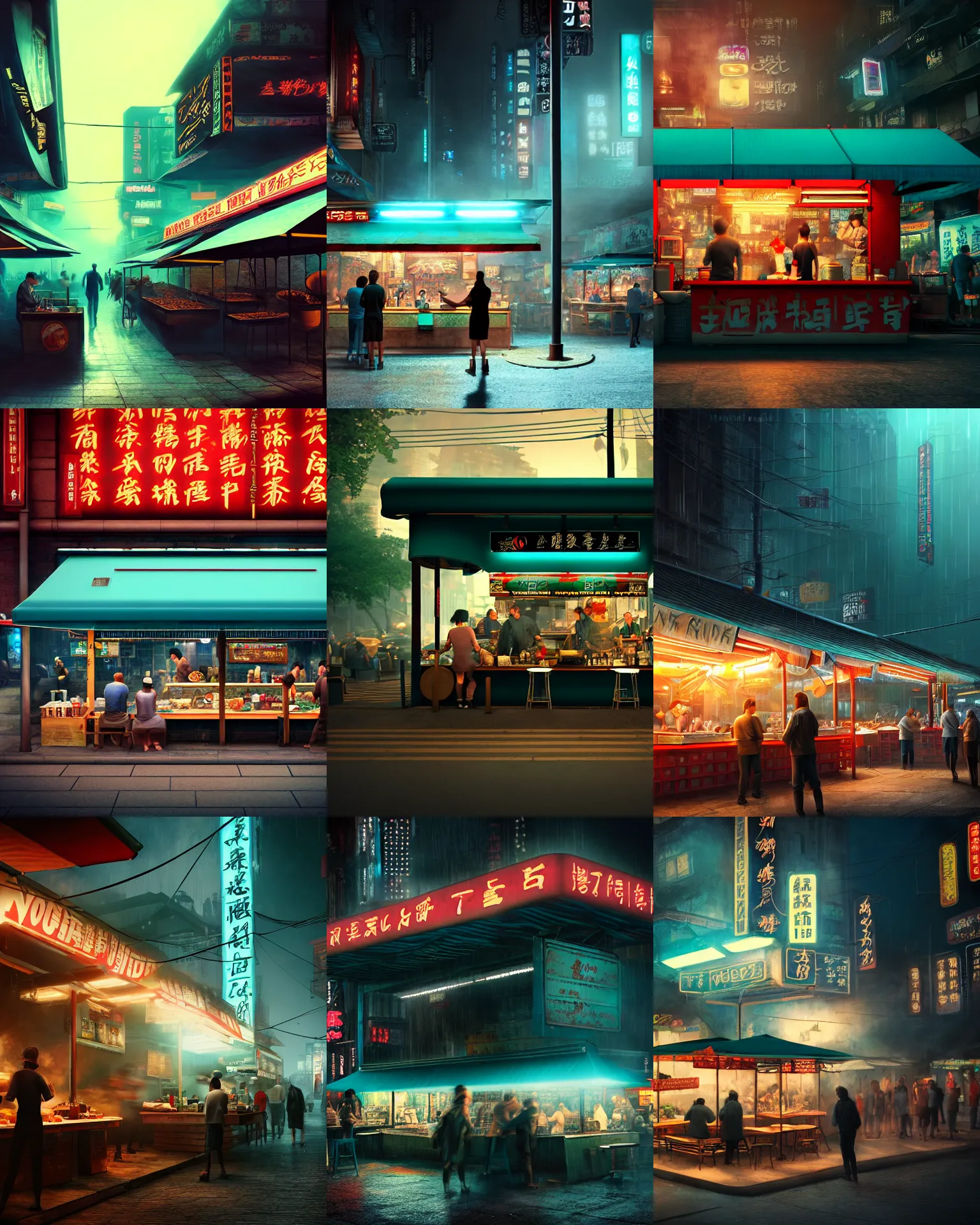 Prompt: establishing shot of an outdoor noodle stand, like a scene from blade runner, customers eating at the outdoor noodle stand, steamy, dark teal lighting, hard dramatic lighting, unreal engine, hyper realism, realistic shading, cinematic composition, blender render, octane render, hdr, detailed textures, photorealistic, sharp focus, wide shot