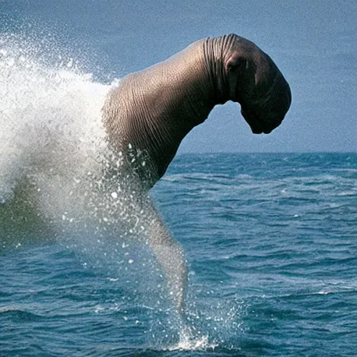 Prompt: hyperealistic, 8 k, intricate photography of a steller's sea cow jumping out of the ocean.