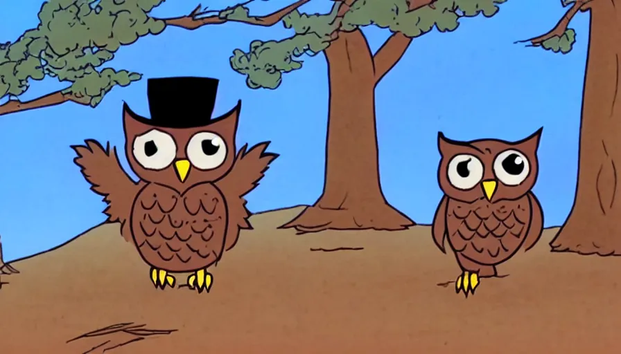 Prompt: saturday morning cartoon shot of an owl dressed as the lone ranger, screenshot from 1990s animated show