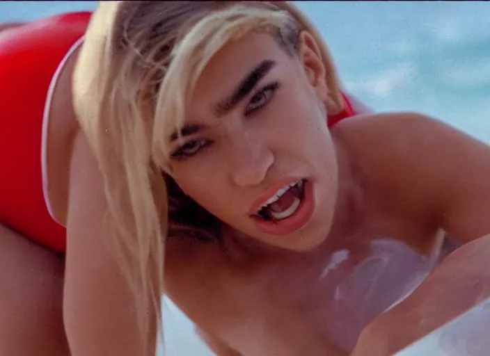 Image similar to a pov, film still of dua lipa as pamela anderson in baywatch, cinematic.