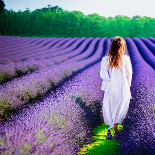 Image similar to a beautiful woman walking through a lavender field , cinematic, 8k, glowing