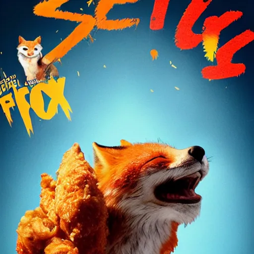 Prompt: action movie poster, featuring anthropomorphic fox sticking his head out of a pile of fried chicken, promotional advertising poster media