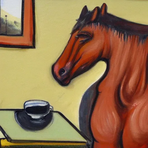 Image similar to a painting of a horse picking its nose, while in a cafe