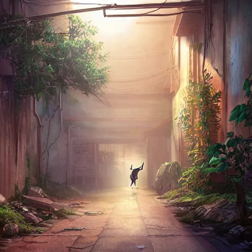 Image similar to a wholesome animation key shot of a focused cute caracal in an abandoned alleyway, medium shot, waist up, studio Ghibli, Pixar and Disney animation, sharp, very detailed, high resolution, Rendered in Unreal Engine 5, anime key art by Greg Rutkowski, Bloom, dramatic lighting