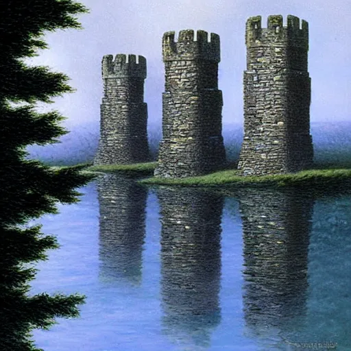 Prompt: three ruined stone towers in a lake. misty weather. painting by Ted Nasmith and Larry Elmore.