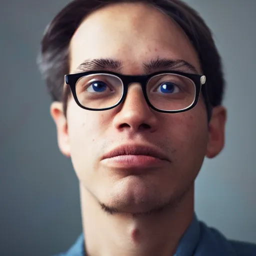 Image similar to highly detailed close up portrait photo of the kind of nerd who spends all day typing image prompts into a discord bot, photo by annie leibovitz