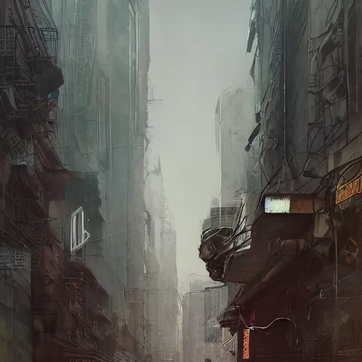 Image similar to a dreary realism portrait of masked diesel punk helmet on the art deco streets of the big city, artstation, award - winning realistic sci - fi concept art by jim burns and greg rutkowski, beksinski, a realism masterpiece, muted color palette, james gilleard, bruegel, alphonse mucha, and yoshitaka amano