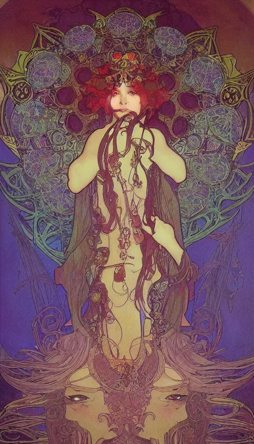 Image similar to psytrance artwork, by alfons maria mucha