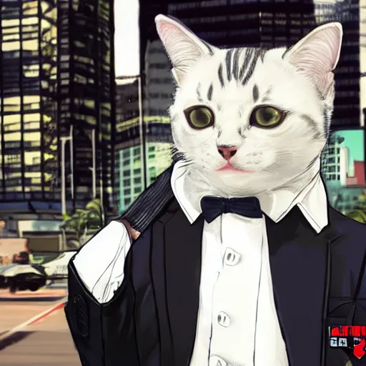 Prompt: cat in a suit in a GTA 5 loading screen, concept art by Anthony McBain, trending in artstation, artstationHD, artstationHQ