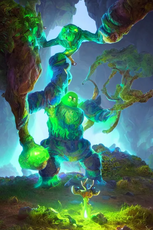 Image similar to arcane fantasy art giant golem elemental wood rock bastion forged gemstone enchanted forest troll, global illumination ray tracing hdr fanart arstation by sung choi and eric pfeiffer and gabriel garza and casper konefal lisa frank zbrush central hardmesh radiating a glowing aura