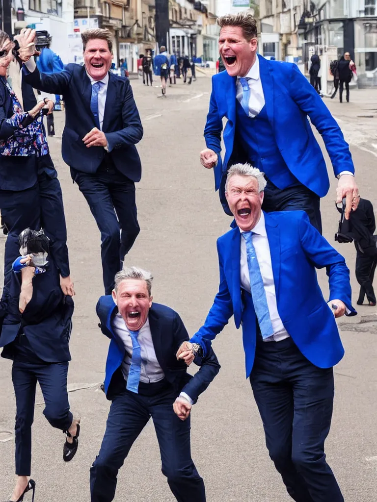 Image similar to Sir Kier Starmer wearing a blue suit laughing as he chases an old lady who is crying