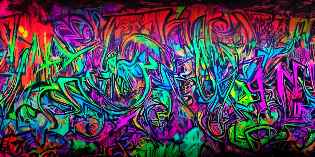 Image similar to a single gritty psychedelic graffiti art piece sprayed on a black background and surrounded by darkness, concept art, 4 k, unreal render, octane, trending on artstation, graphic design, dark color scheme