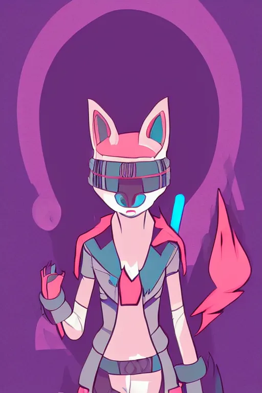 Image similar to a cute cyberpunk anthropomorphic fox with pink fur and blue eyes and a fluffy tail, comic art, trending on furaffinity, cartoon, kawaii, backlighting, furry art!!!, cel shading, concept art, lineless