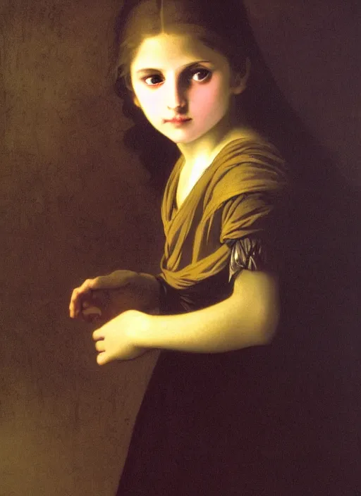 Image similar to shadows in the dark lurking on a lost little girl wearing a gold cloak, backlight, creepy, extremely realistic and highly detailed painting by william - adolphe bouguereau and caravaggio, soft light, gold ratio