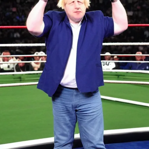 Image similar to boris johnson wearing a blue baseball cap hat and jeans in wwe as a muscular wrestler. he is holding one hand near his face