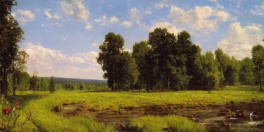 Image similar to summer landscape, blooming lush field, forest, river, matte painting, by Isaac Levitan and Vasily Perov