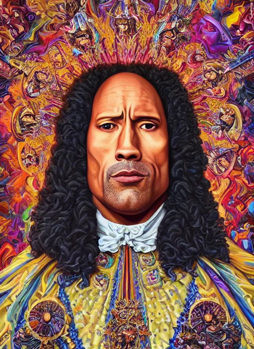 Image similar to beautiful oil painting, full body shot portrait of Dwayne the rock Johnson as Louis xiv in coronation robes 1701, Dan Mumford, Dan Mumford, Alex grey, Alex grey, highly detailed , lsd visuals, dmt fractal patterns, hallucinogen, visionary art, psychedelic art, ornate, vaporwave, baroque