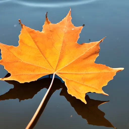 Image similar to close - up of a yellow maple leaf floating on top of a pond