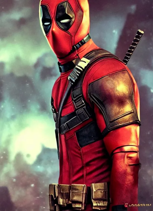 Image similar to Ryan Gosling as deadpool, handsome face, unmasked, no mask, dramatic action pose, gorgeous, portrait, Symmetrical, powerful, intricate, beautiful, masterpiece, elegant, volumetric lighting, highly detailed, artstation, sharp focus, no cropping, illustration, explosions in the background, Jean-Leon Gerome , ruan jia