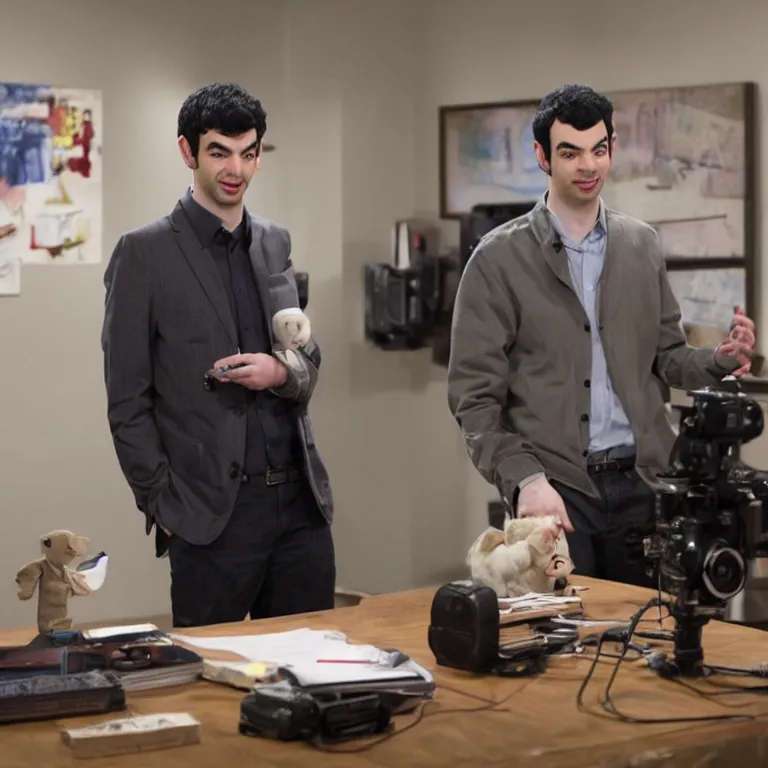 Image similar to dslr photograph of nathan fielder from nathan for you on comedy central controlling a puppet version of himself filmed by a tv crew, high detail!!! 8 k photorealism sharp focus volumetric lighting, coherent!!! art directed, rule of thirds, facial