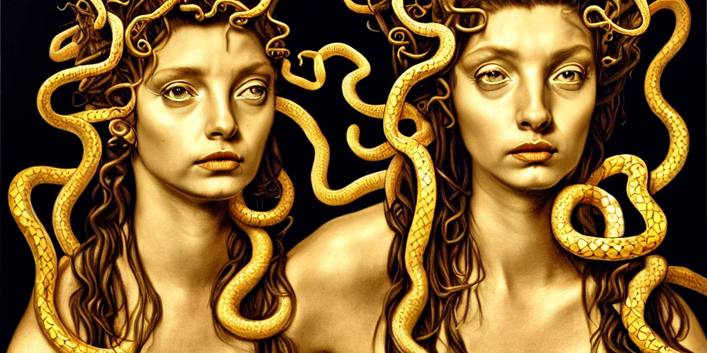 Image similar to realistic portrait of medusa with her snakes, golden, delicate, hyper realism, 1 4 5 0, ink, ultra realistic, 8 k