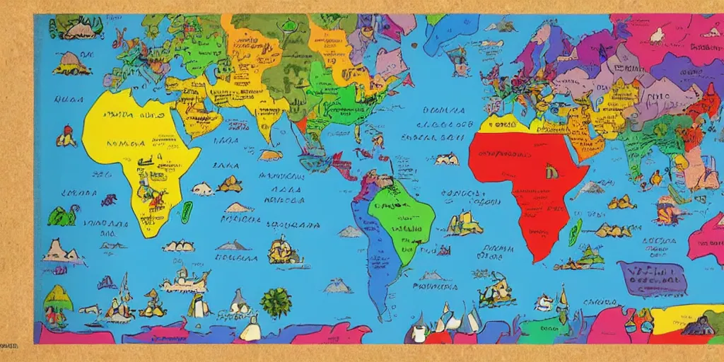 Image similar to a world map made out of colorful paper, in the style of paper mario