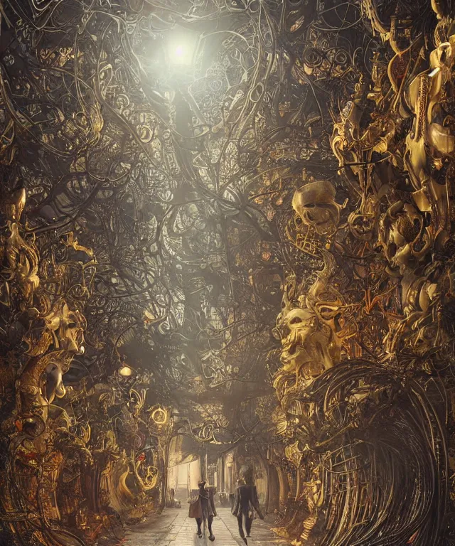 Image similar to a streeet view of wat rong khun temple by charlie bowater and art germ, rule of thirds, golden ratio, art nouveau! cyberpunk! style, mechanical accents!, mecha plate armor, glowing leds, flowing wires with leaves, art nouveau accents, art nouveau patterns and geometry, rich deep moody colors