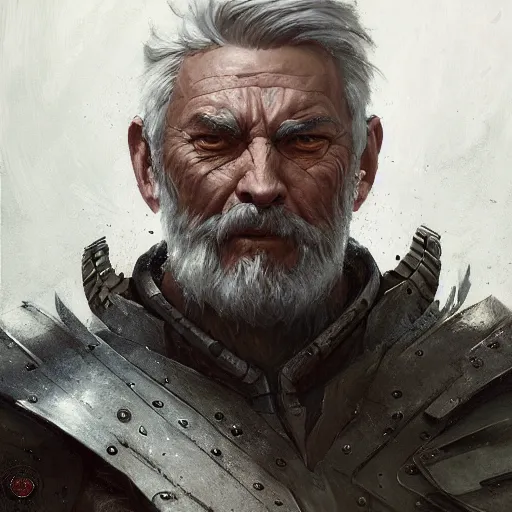 Image similar to very detailed masterpiece painting of an armored warrior character portrait, older man with grey hair and beard, ,artstation, concept art by Greg Rutkowski, WLOP, liang xing, NeoArtCore, Zumidraws, Zumi, Axsens, Dan Mumford, Christophe Vacher