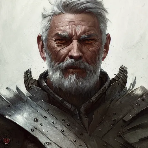 Prompt: very detailed masterpiece painting of an armored warrior character portrait, older man with grey hair and beard, ,artstation, concept art by Greg Rutkowski, WLOP, liang xing, NeoArtCore, Zumidraws, Zumi, Axsens, Dan Mumford, Christophe Vacher