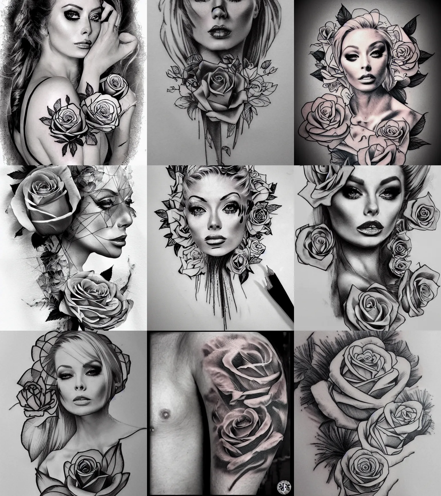 Image similar to double exposure tattoo design sketch of isabelledeltore with beautiful roses, realism tattoo, in the style of matteo pasqualin, amazing detail, sharp