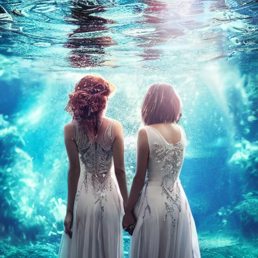 Image similar to two women under water holding hands, photo realistic, intricate details, flowing dresses and hair, volumetric lighting