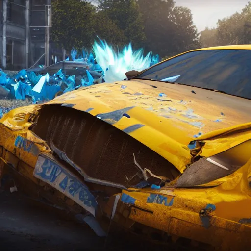 Prompt: car wreckage with ukrainian flag, with graffiti of sunflowers, rusty, volumetric illumination, octane render, cinematic lightning, artstation trending, 8 k