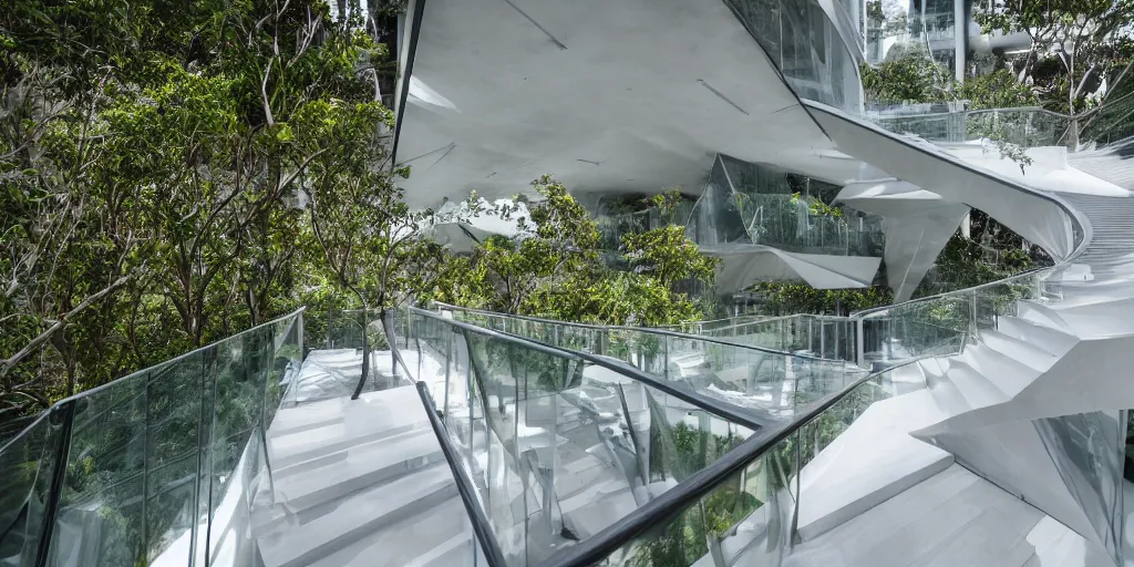 Prompt: Architectural photography of beautiful nature meets architecture building by Daniel Libeskind, in a tropical forest, volumetric lighting,, luxury, clear glass wall, white concrete, deck, railing, external staircases, terrace, high detail, 14mm, cinematic photography, archdaily, high resolution