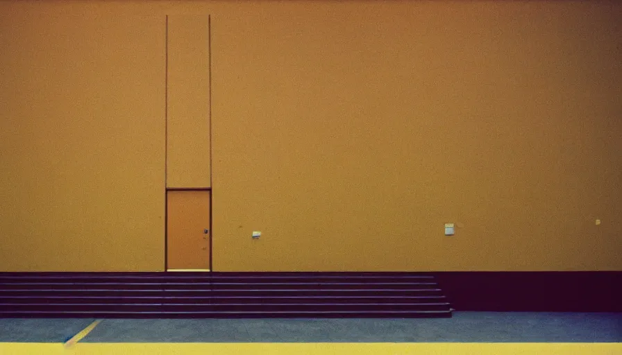 Prompt: 60s movie still of a sovietic stalinist style empty art museum with a soviet congress with yellow wall, LOMOGRAPHY REDSCALE 100, liminal Space style, heavy grain