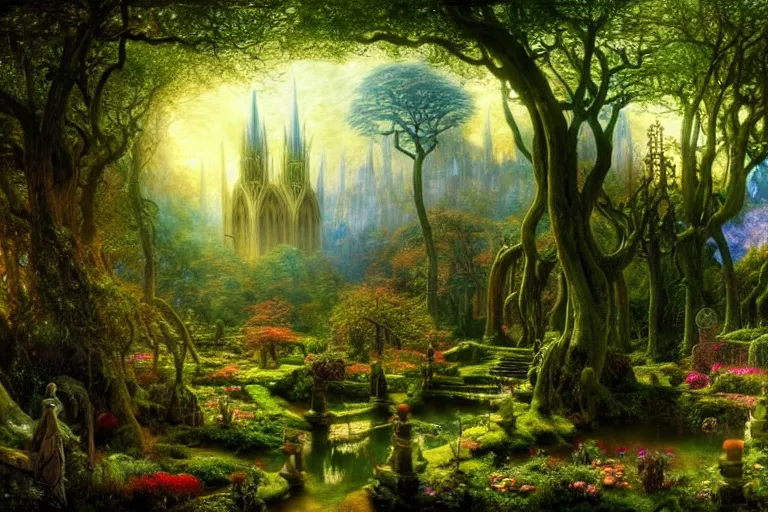 Prompt: a beautiful and highly detailed fantasy landscape painting of an elven cathedral in a beautiful garden in a mystical forest, psychedelic, intricate details, epic scale, insanely complex, 8 k, sharp focus, hyperrealism, artstation, cgsociety, by caspar friedrich, albert bierstadt, james gurney, brian froud,