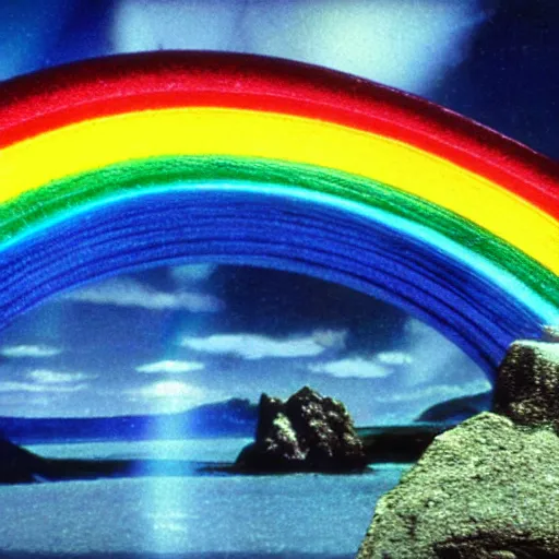 Image similar to rainbow bridge of asgard, film still, highly detailed, shimmering, sparkling, magical